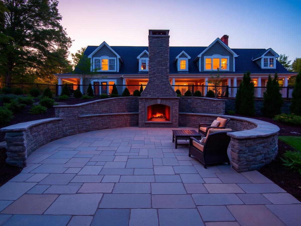 Finished stone paver patio with a fireplace at a Greater Boston home